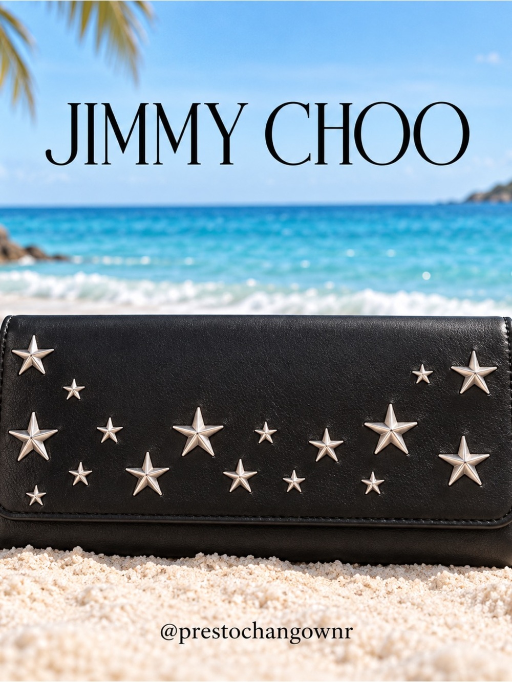 Jimmy Choo Black Leather Silver Star-Studded Continental Wallet